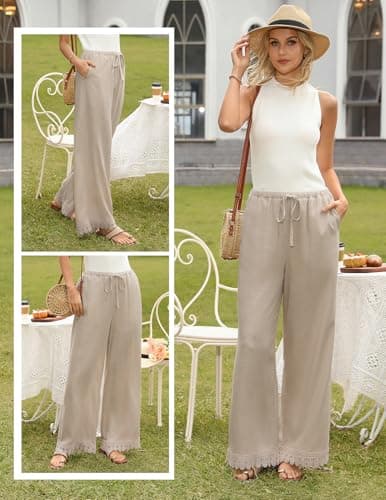 GRACE KARIN Womens Palazzo Pants Casual Drawstring Flowy Comfy Pants Wide Leg Summer Beach Linen Trousers with Pockets Apricot L - Thumbnail 2