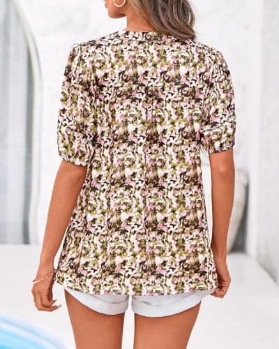 BTFBM Womens Tops 2026 Summer Casual Loose Puff Sleeve V Neck Floral Satin Work Blouse Dressy T Shirts Silk Tunics(Army Green Watercolour,Small) - Thumbnail 5