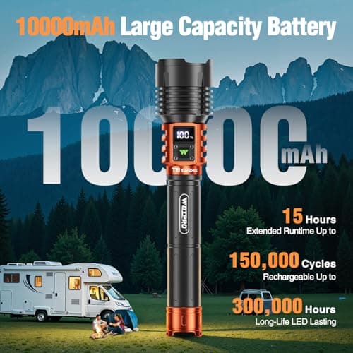 Wdtpro Rechargeable LED Flashlights High Lumens, Super Bright 90,000LM Rechargeable Flashlight with LCD Display, 5 Modes & Waterproof Powerful 10000mAh Handheld Flashlight for Camping Emergency Orange - Thumbnail 3