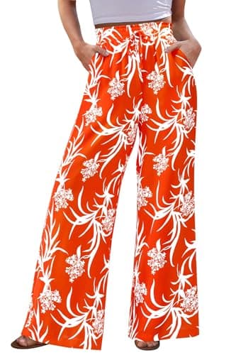 CFLONGE Palazzo Pants for Women Casual 2026 Summer High Waist Floral Wide Leg Pant Trendy Boho Trousers Fashion Beach Outfits(Orange,X-Large) - Image 1