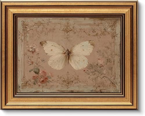 Gold Framed Wall Art, Vintage White Butterfly Canvas Prints, French Country Antique Insect Picture Wall Decor, Neutral Pink Cottagecore Artwork for Living Room Bedroom 9x11 inch - Image 1