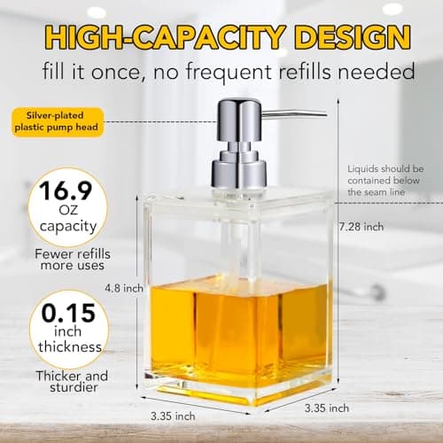 Acrylic Clear Soap Dispenser with Rust Proof Pump- 16.9 oz Square Hand Dish Soap Dispenser for Bathroom Kitchen, Modern Refillable Plastic Liquid Hand Soap Dispenser, Shampoo Detergent Bottle - Thumbnail 4