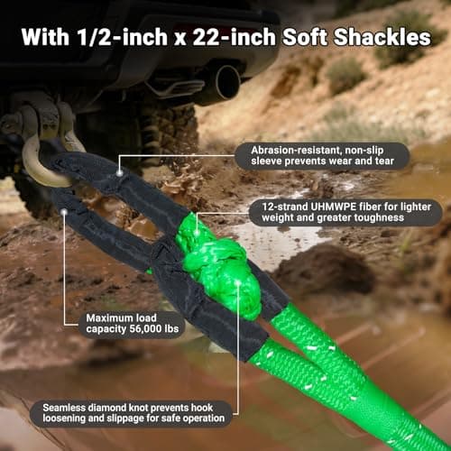 DAJOUJS Kinetic Recovery Tow Rope 7/8" x 30ft Tow Strap 48500lbs Snatch Strap with 2Pcs Soft Shackles 56000lbs Break Strength Heavy Duty Kinetic Towing Rope for Truck ATV UTV Offroad Recovery Rope Kit - Thumbnail 4