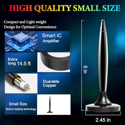 TV Antenna for Smart TV Indoor/Outdoor,Portable ATSC Freeview HDTV Antenna Long Range Reception for Local Channels 4K 8k 1080P, Easy Installation with Strong Magnetic Base All Tvs,14.5ft Coax Cable - Thumbnail 6