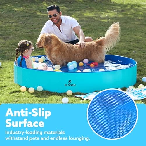 SLOOSH Foldable Dog Kiddie Pool - Portable Hard Plastic Doggie Swimming Pool, Anti-Slip Collapsible Pets Bath Tub Suitable for Kids Indoor Outdoor Backyard Use (Blue, 63" x 12") - Thumbnail 4