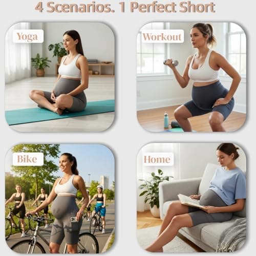 Y25D Maternity Biker Shorts with Pockets 8" Over Belly Seamless Athletic Yoga Workout Running Lounge Shorts - Thumbnail 6