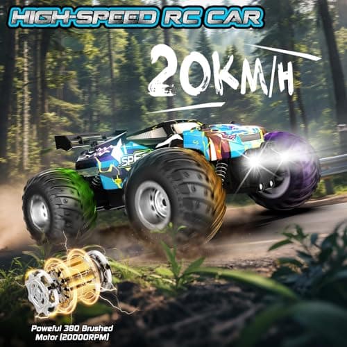 Rcjoyou Remote Control Car, 2WD Off-Road Rc Truck, 20 KM/H All-Terrain RC Cars with Headlights & Body Lights, 2.4GHz, 2 Batteries, Remote Control Car for Boys 4-7 8-12, Gift Toys for Boys Girls - Thumbnail 4