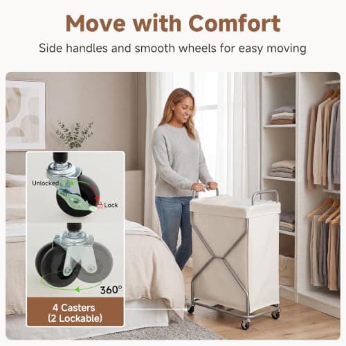 StorageWorks Laundry Basket with Wheels, 120L Rolling Laundry Hamper with Removable Bag and Handles, Laundry Cart for Storage and Organizer, Beige - Thumbnail 3