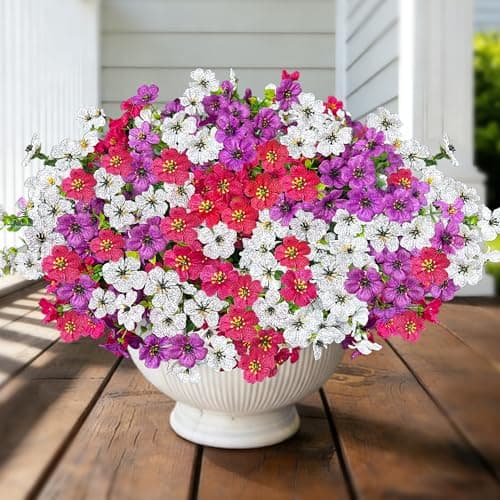 QSPEROV Artificial Flowers for Outdoor Indoor Decoration, Faux Flower Daisy with Eucalyptus Leaves Fake Plants Dried Flower Greenery Boxwood Porch Patio, 12 Bundles (Rose Red White Light Purple) - Image 1