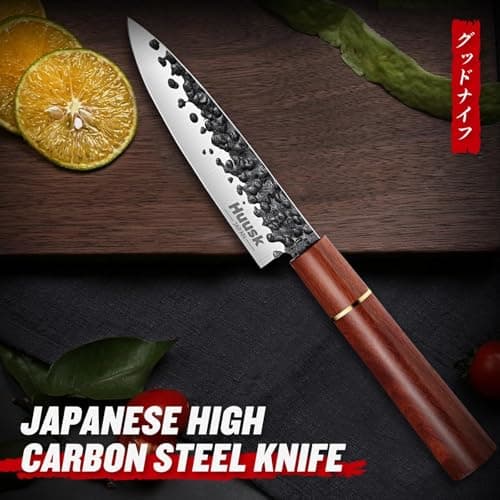 Huusk Japanese Paring Knife 5", Hand Forged Fruit Knife, High Carbon Steel Utility Kitchen Knives, Japanese Petty Chef Knives with Rosewood Handle, Small Peeling Knifes for Vegetable, Christmas Gifts - Thumbnail 4