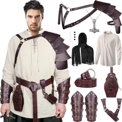 Fasouna 9 Pcs Men's Renaissance Viking Costume Medieval Armor Pirate Shirt Accessories Set for Halloween - Image 1