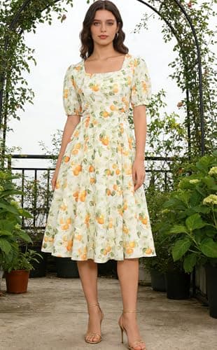 Belle Poque Apricot Floral Milkmaid Cocktail Party Wedding Guest Dress 2026 Summer Short Puff Sleeve Midi Sundress M - Thumbnail 4