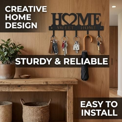 Key Holder Hooks Organizer Hanger Rack Wall Mounted Sweet Home Metal Decor Stylish and Practical for Entryway Front Door Kitchen Hallway Garage Mudroom Office Hardware Included Black (Sweet 13 inches) - Thumbnail 3