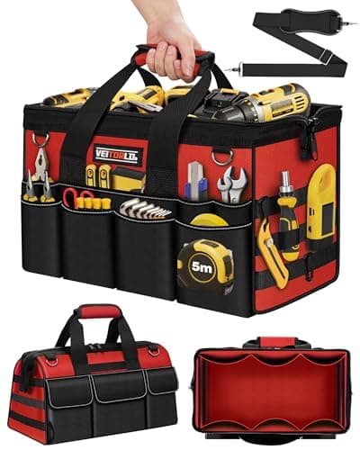 16-Inch Heavy Duty Tool Bag, 19-Pockets Tool Box Organizer, Portable Toolbag W/Soft Handle for Organized Storage, Mechanic Gifts for Men Dad Husband Fathers Day, Wide Mouth Electrician Toolbox, Red - Image 1