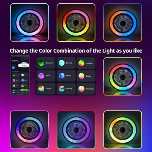 WUTGHUI RGB Ceiling Fans with Lights 20" Fandelier Low Profile Smart Ceiling Fan with Light, Flush Mount Ceiling Fan Light with Remote/APP (RGBWW (Supports Alexa Voice Control)) - Thumbnail 5