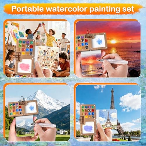 polsmtx Watercolor Paint Set, Mini Watercolor Travel Set, Pocket Watercolor Set With15 Grids Portable Wooden Paint Palette & 24 Paints, Tiny Gift, for Outdoor Hiker Recreationist - Thumbnail 4