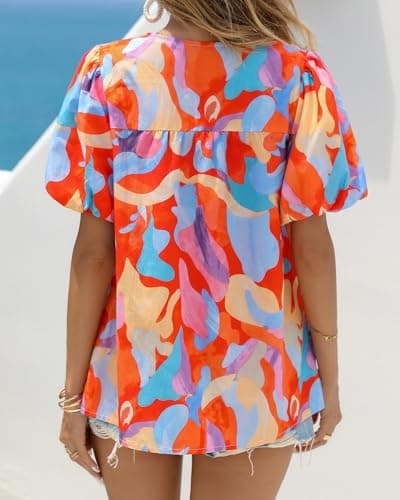 KIRUNDO Boho Tops for Women Summer 2026 Dressy Floral Blouse V Neck Drawstring Short Sleeve Shirts Beach Vacation Clothes(Pink Multicolored, Medium) - Thumbnail 3