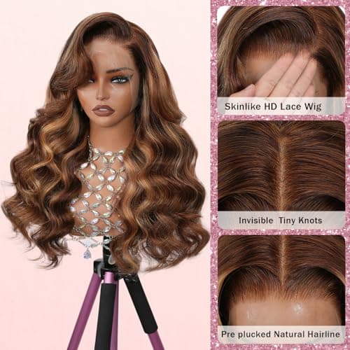 WISHGIRL 34 Inch Highlight Ombre Lace Front Wig 13x4 Full Frontal Lace Wig Skinlike HD Lace Wig Body Wave lace front Wigs for Women 15A Pre Plucked with Baby Hair 4/27 honey blonde 200% Density - Thumbnail 6