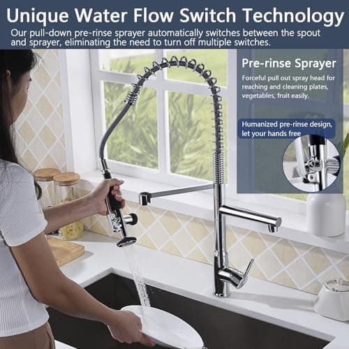 Commercial Kitchen Faucet with 26.25" High Arch Pull-Down Sprayer, Solid Brass Single Handle Pre-Rinse Spring Kitchen Sink Faucet with Dual-Function Spray Head, Chrome Double-Headed Kitchen Faucets - Thumbnail 5