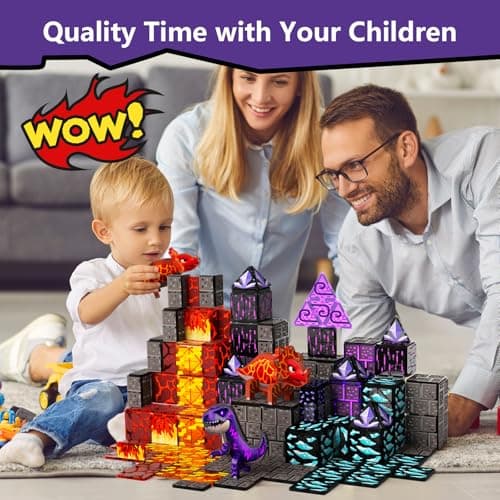 GobiDex Dinosaur Toys Magnetic Tiles Lava Cave Dinosaur World Set - Magnetic Building Blocks for Kids 3-5 5-7 Girls Boys Toys Age 4-6 6-8, STEM Sensory Toddler Birthday Gifts for 3+ Year Old Kids Toy - Thumbnail 5