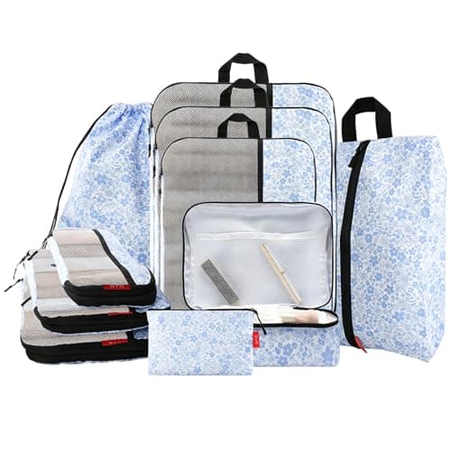 U+U 10 Set Compression Packing Cubes - Ultralight Travel Organizers with Laundry Bag and Cosmetic Bag, Space-Saving Suitcase Organizer for Travel, Business Trip and Family Vacation (Blue Flower) - Image 1
