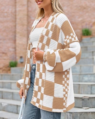 BTFBM Casual Cardigan Sweater for Women Fall 2026 Long Sleeve Open Front Chunky Knit Sweaters Checkered Outwear Coat(Light Khaki,XX-Large) - Thumbnail 5