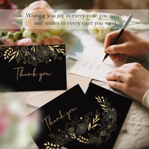 Oaken Leaford 108 Pack Pre-Folded Floral Thank You Cards with Envelopes & Stickers, 6 Elegant Designs for Wedding, Baby Shower, Bridal Shower, Teacher Gifts (Black Gold) - Thumbnail 4