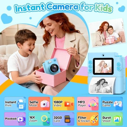 Camera for Kids Instant Print: Toys for Boys Girls Digital Camera That Prints Photos Dual Lens Birthday Gift for Kids Teen Boy Ages 3 4 5 6 7 8 9 10 11 12 Xmas Valentines Gifts Blue - Thumbnail 2