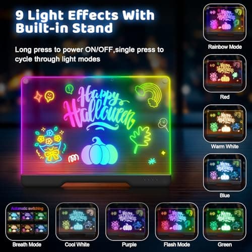 16-Inch Rechargeable LED Drawing Board, 9-Color Light Modes, Neon Art Dry Erase Light Up Doodle Glow Pad with Built-in Stand, Sketching Gift Toy for Kids/Girls/Teens, 5 Markers & Tracing Book - Thumbnail 2