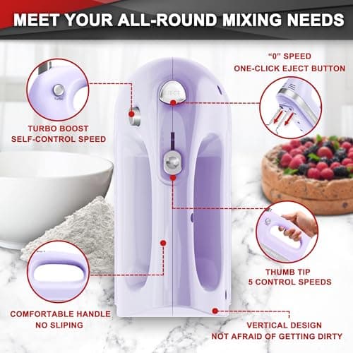 Lord Eagle Hand Mixer Electric Handheld 400W, 5-Speed Lightweight Kitchen Mixer with Storage Case, 5 Stainless Steel Attachments for Baking Cake Egg Cream Food Beater, Turbo+Eject Button, Purple - Thumbnail 3