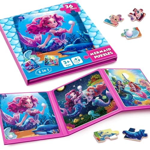Magnetic Jigsaw Puzzles for Toddlers Kids 3-8 Girls,(3 36-Pieces) Travel Puzzles Toys for Kids Ages 4-6,Take-Along Car Airplane Road Trip Activities Game for 3 4 5 6 7 8 Year Old Birthday Gift,Mermaid - Image 1