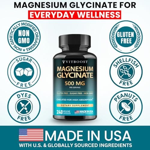 Magnesium Glycinate 500mg Chelate Capsules – 240 Count – 90mg Elemental Magnesium Per Serving – High Absorption Supplement – Non-GMO, Gluten Free – Made in USA - Thumbnail 3