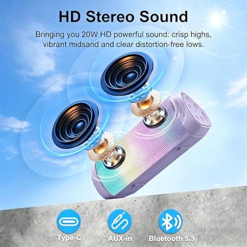 ANCOBER Bluetooth Speaker, Portable Wireless Speaker with HD Crystal Stereo Sound, LED Lights, IPX4 Waterproof, TWS Pairing, BT5.3, Electronics Gadget for Home/Party/Outdoor/Camping, Gifts (Lavender) - Thumbnail 2
