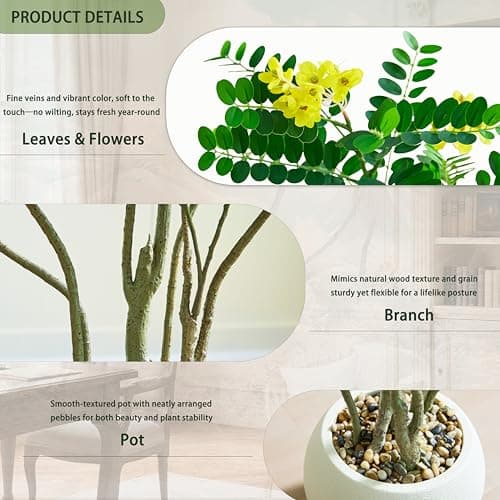 FSOHOI Artificial Locust Tree, 6FT Tall Artificial Plants Indoor with Yellow Flowers & Pot, Large Floor Plant Faux Sophora Fake Flower Tree Silk Plants for Indoor Office Home Room Balcony Porch Decor - Thumbnail 4