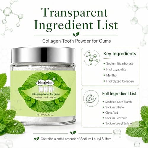 Collagen Tooth Powder for Gum with Hydroxyapatite Care & Enamel Support - Remineralizing Tooth Powder for Gum 2.12OZ Natural Oral Powder for Sensitivity, Travel-Friendly (Mint) - Thumbnail 6
