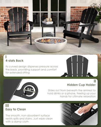 GREENVINES Folding-Adirondack-Chairs-Set-of-2 | w/Cup Holder | HDPE Plastic | All-Weather Patio Fire Pit Chairs | for Outdoor Poolside Deck | Black - Thumbnail 5