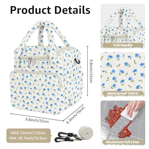 Women's Insulated Lunch Tote Bag - Inch Quilted Lunch Box for Women, Large Waterproof Cooler Bag with Pockets for Work, Picnic, Adult (blue flower) - Thumbnail 2