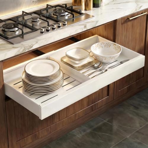 Tbzieoc Expandable Pull Out Drawer for Cabinets, 21" Deep, Adjustable 12–20" Width – Magnetic Dividers, Optional Riser, Heavy-Duty 3-Rail Glide, No-Drill Roll-Out Shelf Organizer for Kitchen, White - Image 1