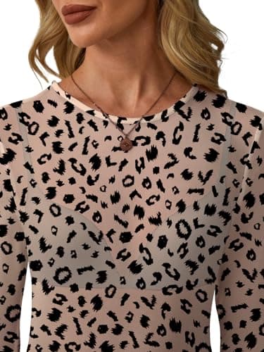 GKBK Womens Mesh Long Sleeve Tops Crew Neck Sexy See Through Tee Dressy Casual Shirts Party Club Night Lace Blouse Western Wear Outfit Clothes Going Out Clothing Leopard Print M - Thumbnail 4