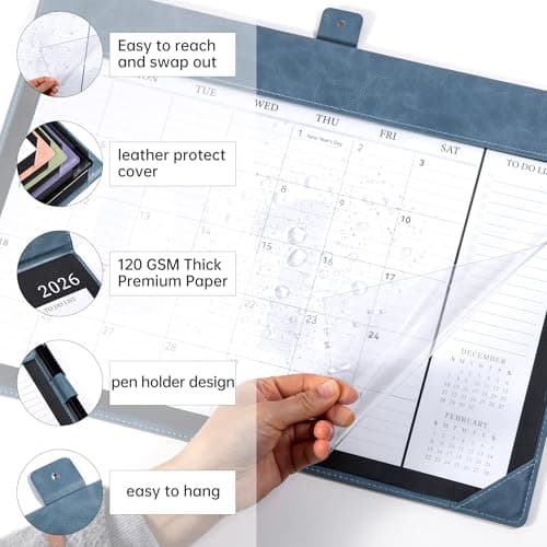 Bibiage Desk Calendar 2026 Jan to Dec with Plastic Cover, Large Desktop Calendar 12"x17" with to-do List, Wall Calendar Leather Hard Back, Large Ruled Block, Monthly Flip, Desk Decor, Office Supplies, Blue - Thumbnail 2