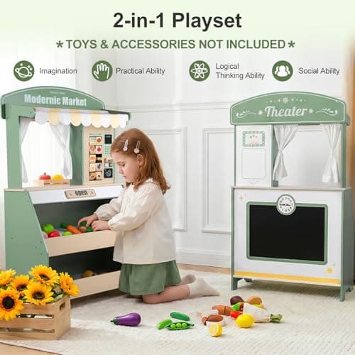 DREAM BUILDING Kids Grocery Store Pretend Play, Puppet Theater&Grocery Store Playset Toy Double-Sided, Toddler Supermarket Toy Cash Register w/Blackboard, Display Shelves, Gift for Boys Girls, Green - Thumbnail 2