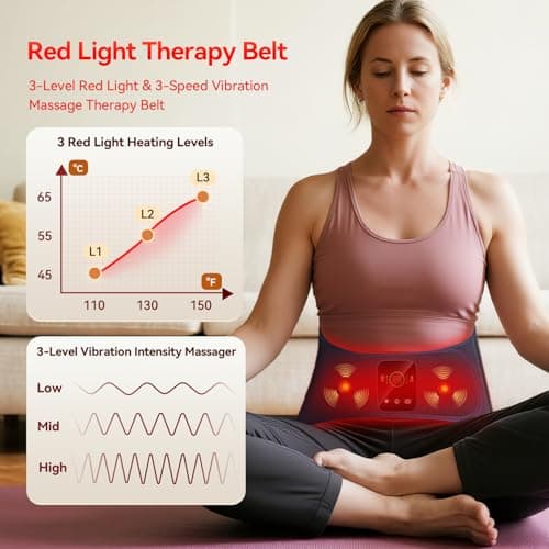 Red Light Therapy Belt for Body, Cordless Infrared Therapy Belt for Back/Abdomen, Waist Wrap with Pulse/Vibration Massage & Timer, Pain Relief, Muscle Relaxation & Circulation Boost, Gift for Parents - Thumbnail 4