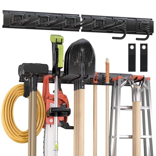 Garden Tool Organizer Wall Mount, 32 inches Tool Storage Rack with Adjustable Hooks, 600lbs Adjustable Heavy Duty Metal Hooks, Yard Shed Rack Holder System Hanging Rake Broom Mop Snowboard, Men Gift - Image 1