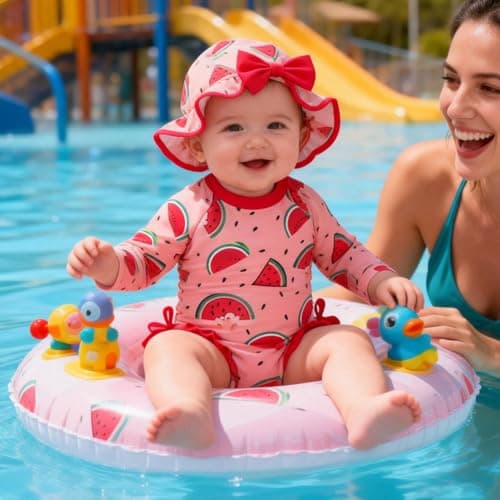 AMAWMW Infant Baby Girl Swimsuit Long Sleeve One-Piece Swimwear with Hat Rash Guard Floral Zipper Bathing Suit Beach Wear - Thumbnail 5