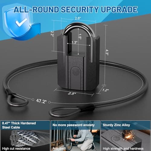 APECYC Smart Fingerprint Bike U Lock Bluetooth Heavy Duty Anti-Theft with 120 cm Steel Cable, USB Rechargeable Bicycle Lock Security Biometric App Control for Bike, Scooter, Motorcycle, E-Bike - Thumbnail 5