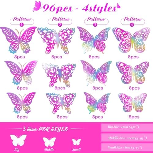 3D Butterfly Wall Decor 3 Sizes 4 Styles Butterfly Party Decorations Cake Decorations Removable Stickers Wall Decor Room Mural Metallic (Laser Pink Purple, 96Pcs) - Thumbnail 2