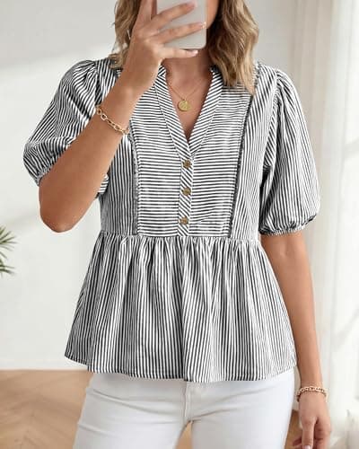 dowerme Womens Summer Tops 2026 Fashion Lantern Short Sleeve V Neck Button Peplum Shirts Spring Stripes Babydoll Blouses(Black,XX-Large) - Thumbnail 2
