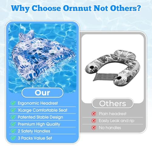 Ornnut XL Pool Floats, 3 Pack Inflatable Pool Floats Adult & Kids, Heavy Duty Pool Floats Chair with Cupholders & 2 Handles, Summer Pool Float Lounger Pool Floaties for Lakes Beach River Water Party - Thumbnail 4
