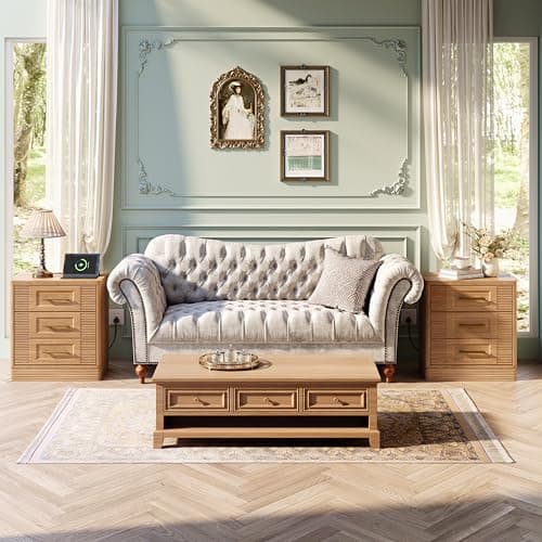 RECHHX 3 Drawer Dresser for Bedroom, 25.6" Tall Nightstand with Charging Station, Farmhouse 23.6" Wide End Table, Thermoformed Curved Small Chest of Drawers for Bedroom, Living Room, Nature Oak - Thumbnail 4