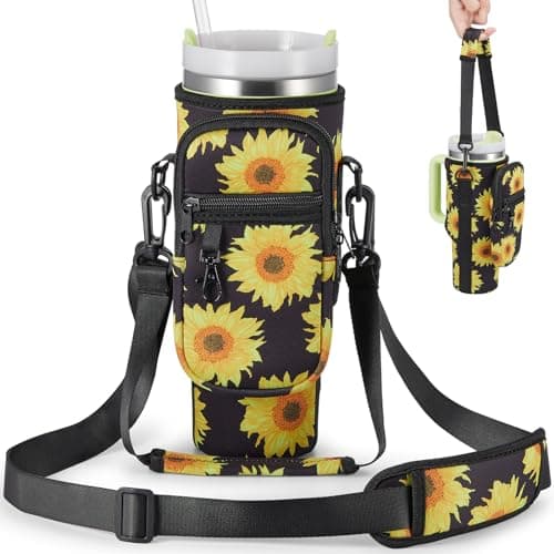BULKITEM Sunflower Water Bottle Carrier Bag w/Phone Pocket for Stanley 30oz Tumbler with Handle, Sunflower Insulated Neoprene Cup Holder Pouch for Stanley Cup Accessories, Sunflower Gifts for Women - Image 1